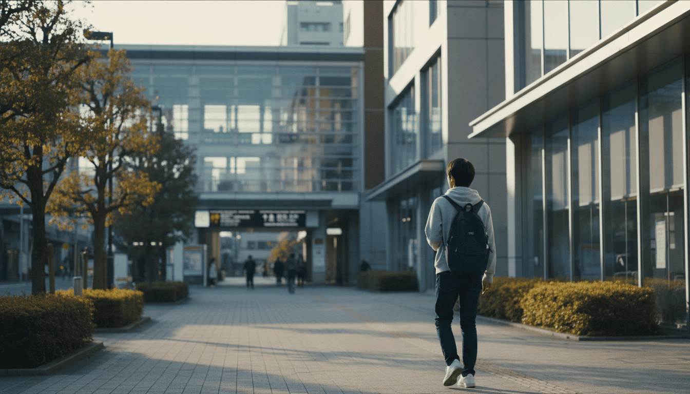 千葉の都市部で、リュックを背負った若い日本人学生が、賑やかな駅から静かな住宅街にあるモダンな建物へと歩いていく様子。朝の太陽が歩道に長い影を落とす、落ち着いた街並みの風景。