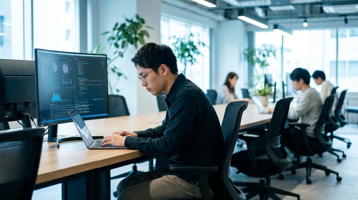 現代的で洗練されたコワーキングスペースにて、集中してノートパソコンに向かう若い日本人専門職の男性。高級なエルゴノミクスチェアに座り、データが表示された外部モニターを備えた清潔なデスクで、生産性の高い集中した空気に包まれている様子。