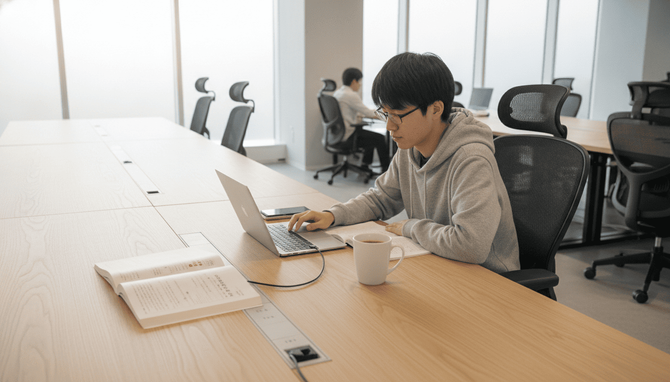 整理整頓された木製デスクで、ノートパソコンと参考書を広げて集中して学習する日本人学生と、窓から差し込む柔らかな朝の光。