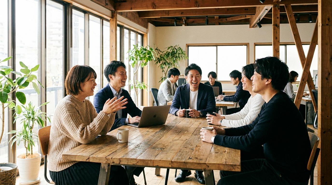 日本のコワーキングスペースにある活気あるソーシャルエリアで、コーヒーを片手に大きな共有テーブルで刺激的な会話を交わす日本人の専門職グループ。自然光と観葉植物に囲まれ、フレンドリーで協力的なエネルギーに満ちたコミュニティの風景。