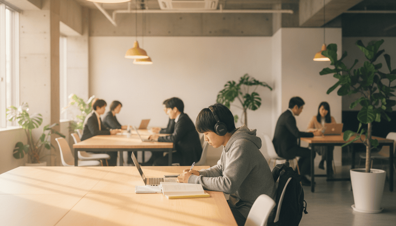 広々としたコワーキングスペースの風景。手前で熱心に勉強する日本人学生と、背景でノートパソコン作業をする社会人たちの様子。