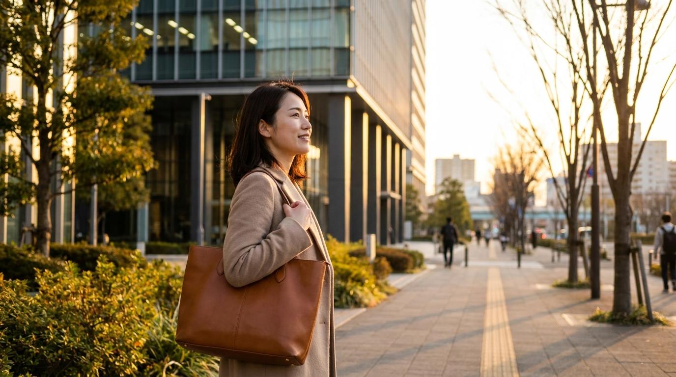夕暮れ時のゴールデンタイムに、千葉のモダンな建物の外を歩く日本人女性。仕事を終えてリフレッシュした様子で、穏やかな笑顔を浮かべながら、仕事から家庭生活へと心穏やかに切り替わる平穏な瞬間の風景。