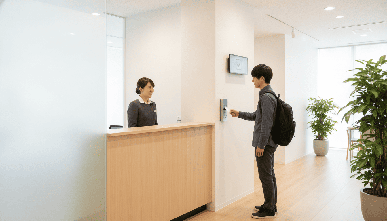 清潔感のある受付デスクで、笑顔のスタッフが学生を出迎える様子。横にはカードキー式のセキュリティシステムが設置されている。